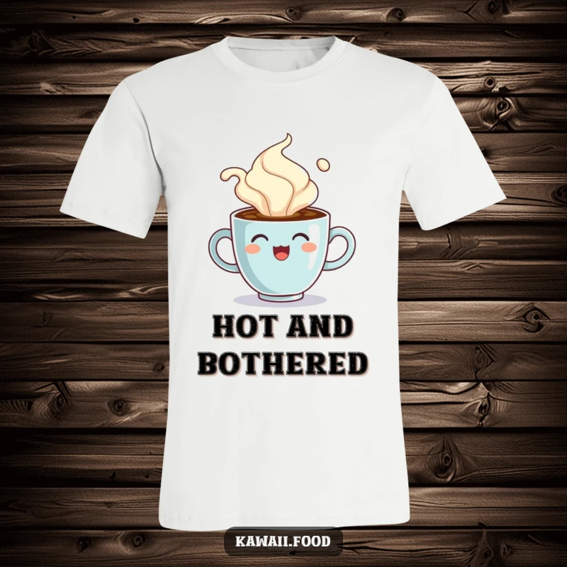 Funny T-shirt featuring a cheerful coffee cup character comically overflowing with steam, a warm and humorous design.