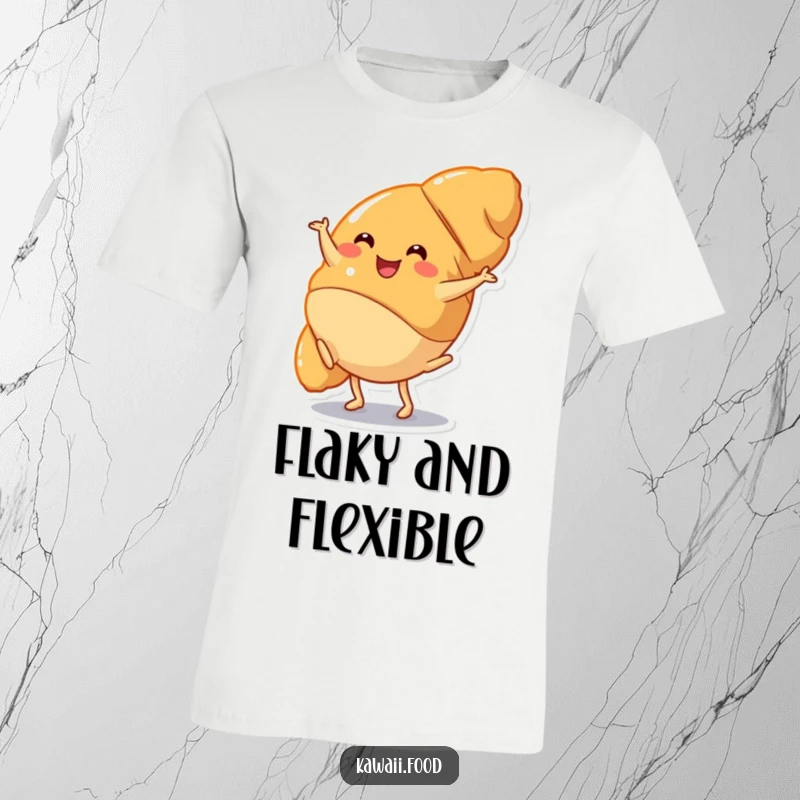 Funny T-Shirt: A happy croissant character captured mid-cartwheel, showcasing energetic movement and a joyful, pastry-inspired personality.