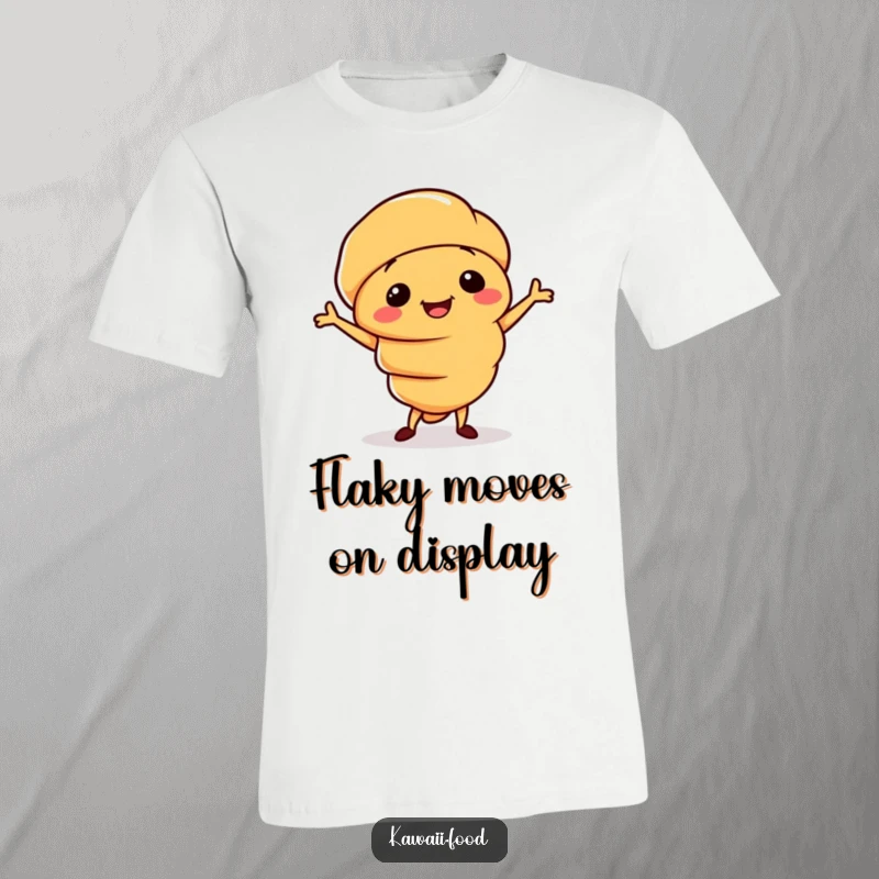 Funny T-shirt featuring a smiling croissant character doing a silly little jig, embodying delicious pastry fun.