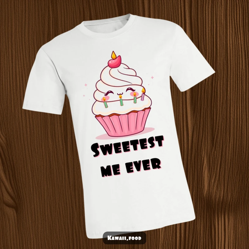 Funny T-Shirt featuring a gleeful cupcake character in mid-blow of tiny birthday candles, radiating happiness and a festive vibe.