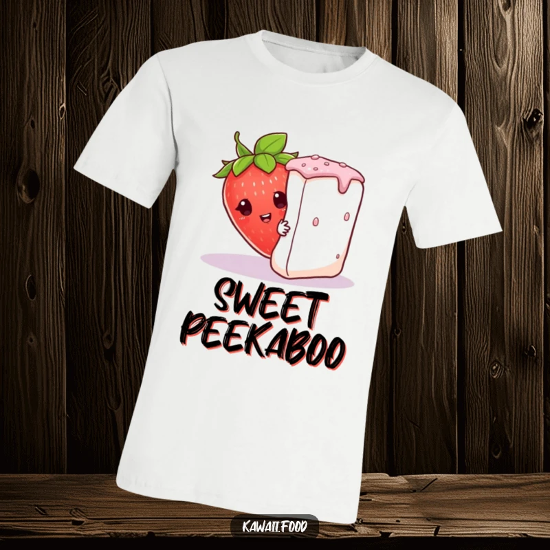 Funny curious strawberry in a leaf hat peeking from behind a large sugar cube on this whimsical and humorous t-shirt.