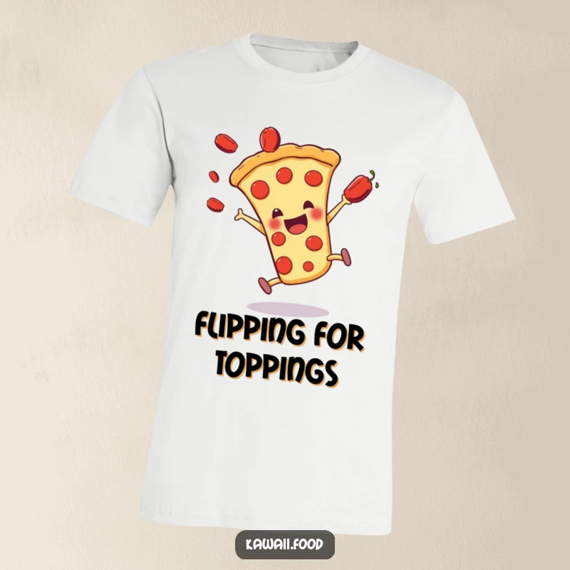 Funny pizza slice character performing a cartwheel with pepperonis scattered in the air, printed on a t-shirt.