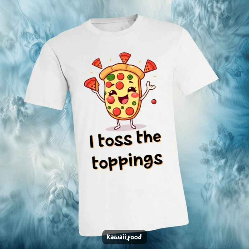 Funny t-shirt illustrating a joyful pizza character juggling pepperoni slices, representing a love for pizza and a playful, energetic attitude.