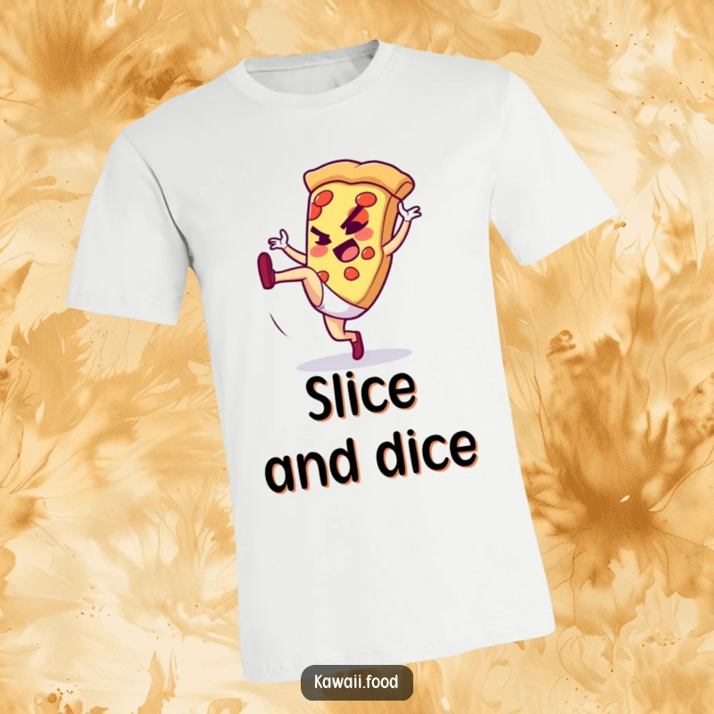 Funny t-shirt with a determined pizza slice doing a high kick, perfect for active individuals and humorous pizza enthusiasts.