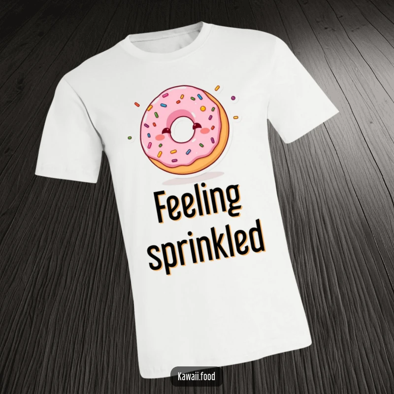 Funny t-shirt showing a shy donut blushing while juggling mini sprinkles, perfect for expressing sweet personality and playful charm.