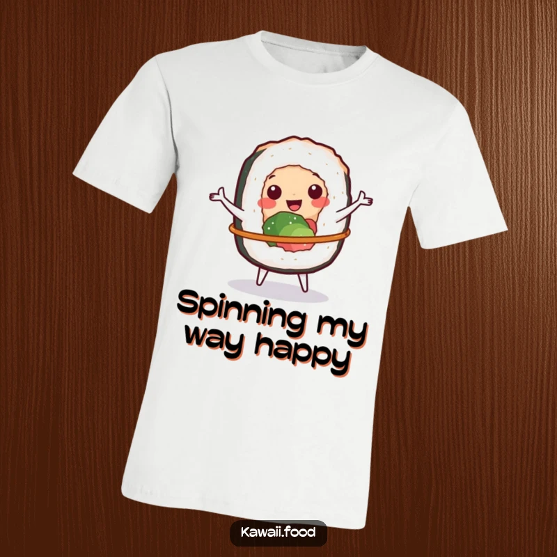 Funny t-shirt with a cheerful sushi roll character skillfully spinning a small hula hoop, radiating happiness.