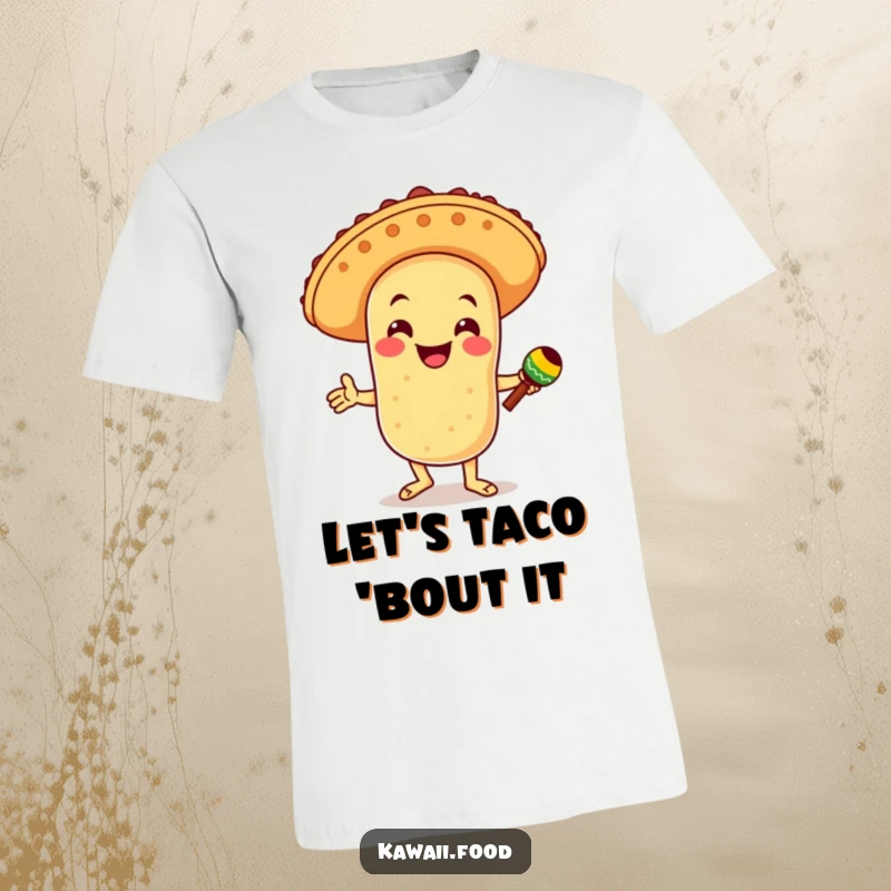 Funny t-shirt showcasing a smiling taco character in a sombrero, shaking maracas while dancing merrily, radiating fiesta energy.