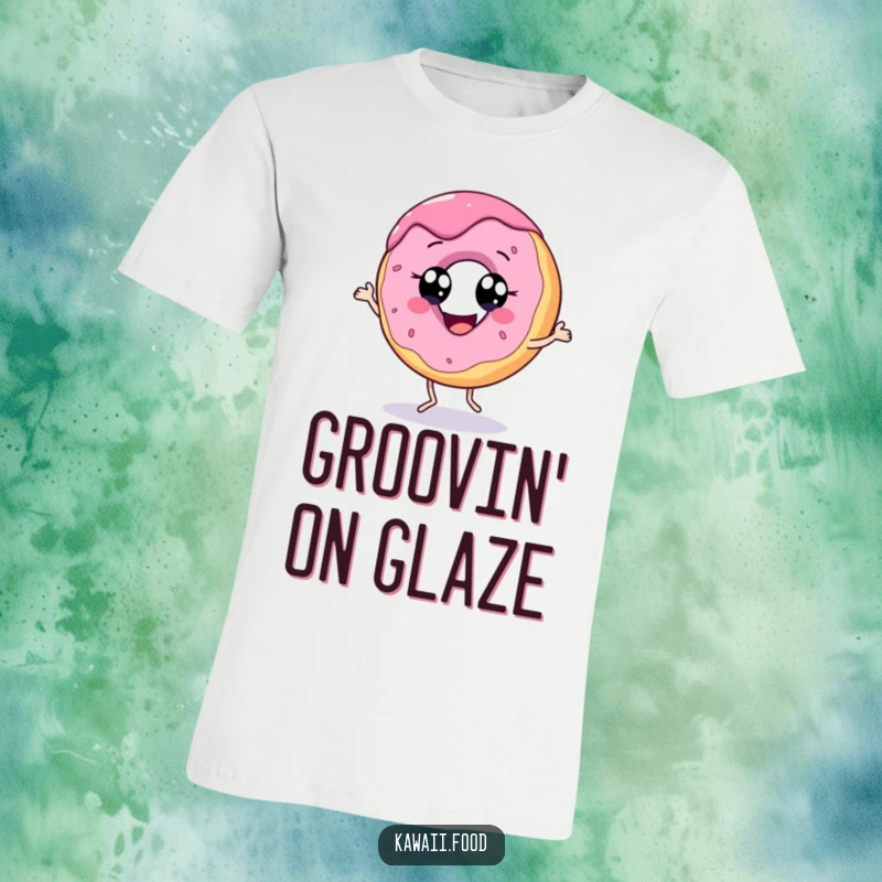 Funny t-shirt depicting a cheerful donut character with eyes doing a fun, energetic dance, full of sweetness.