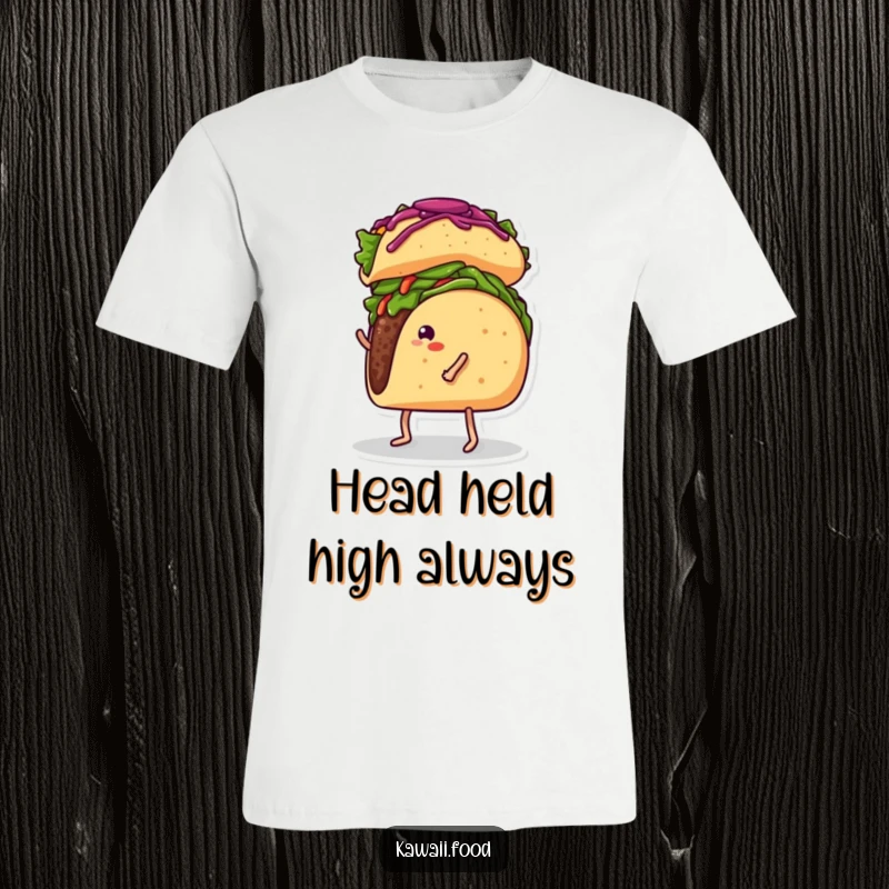 Funny t-shirt illustrating a taco with legs precariously balancing a burrito on its head, capturing a moment of food-related struggle.