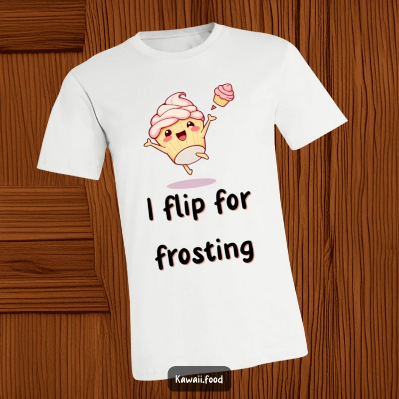 Funny t-shirt displaying a playful cupcake character performing a cartwheel with spectacular arcs of frosting flying, a dynamic and amusing design.
