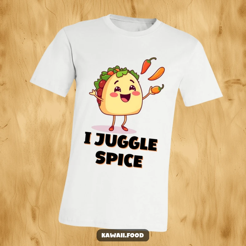 Funny smiling taco character with tiny legs juggling chili peppers with excitement, featured on this humorous t-shirt.
