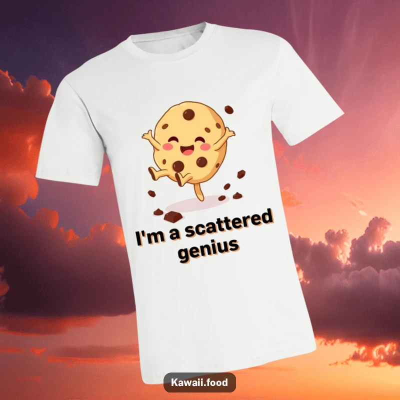 Funny Cookie Cartwheel T-Shirt design of a giggling cookie character doing a cartwheel, its chocolate chips flying, a fun and cheerful graphic.
