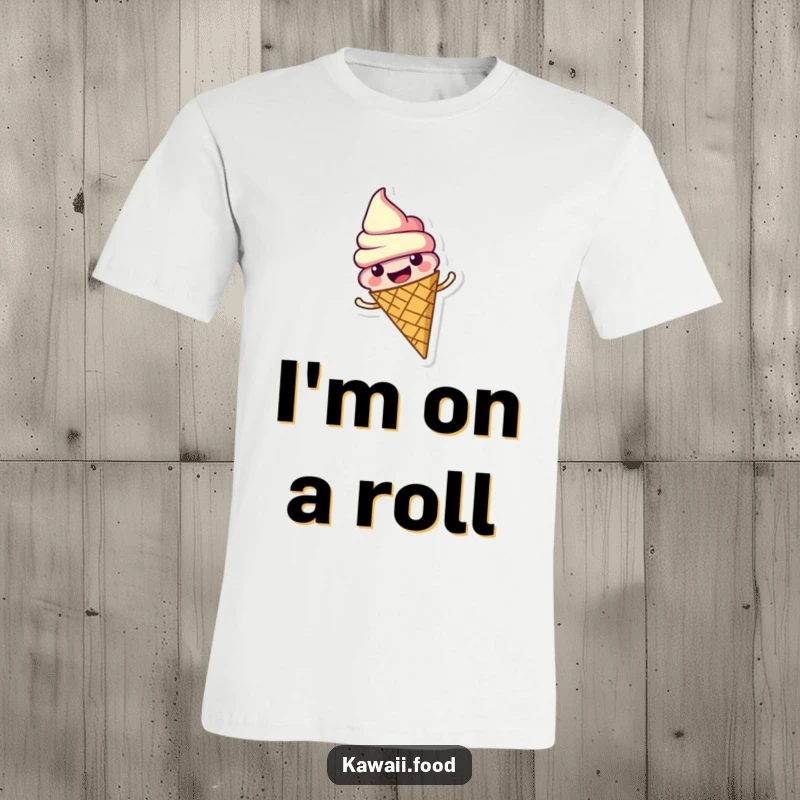 Funny t-shirt showcasing a cheerful ice cream cone character joyfully spinning itself. A representation of pure, sweet happiness.