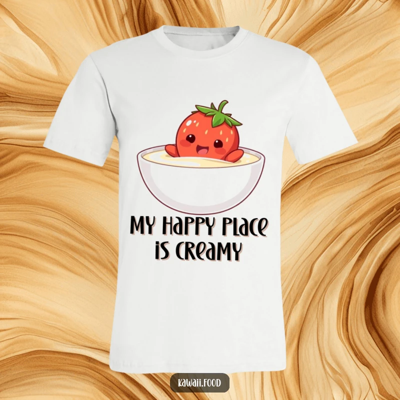 Funny T-shirt featuring a happy strawberry character comically attempting to swim in a bowl of cream, embodying fruity fun.