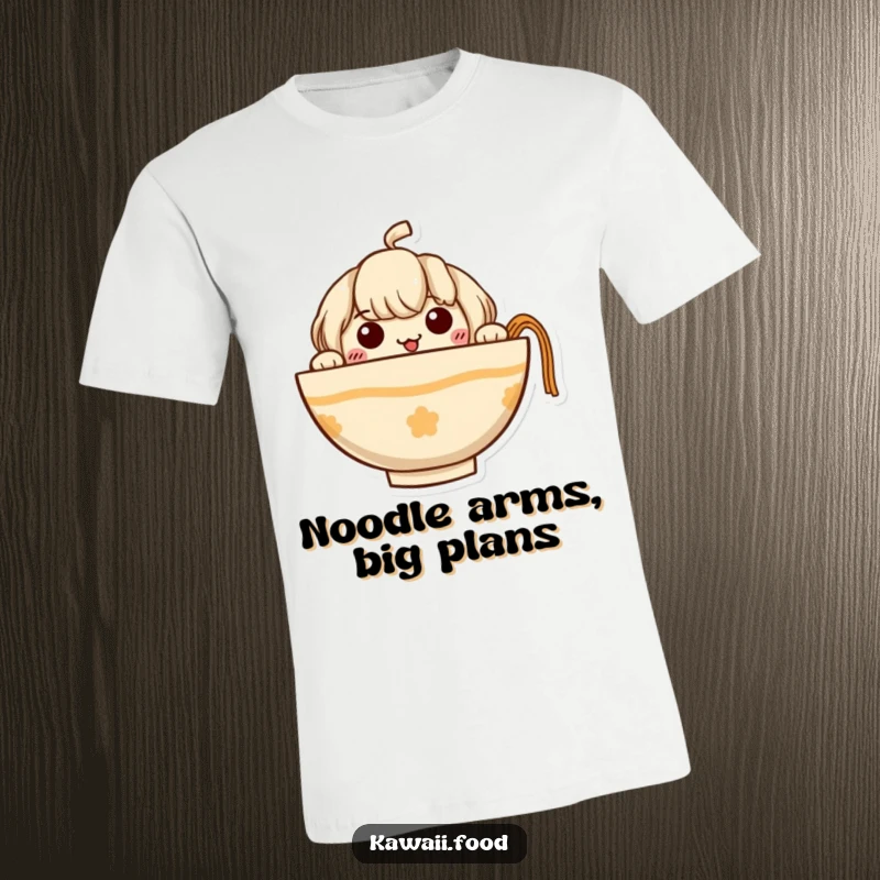 Funny Ramen T-Shirt featuring a curious ramen bowl character peeking out with its adorable tiny noodle arms, a delightful design.