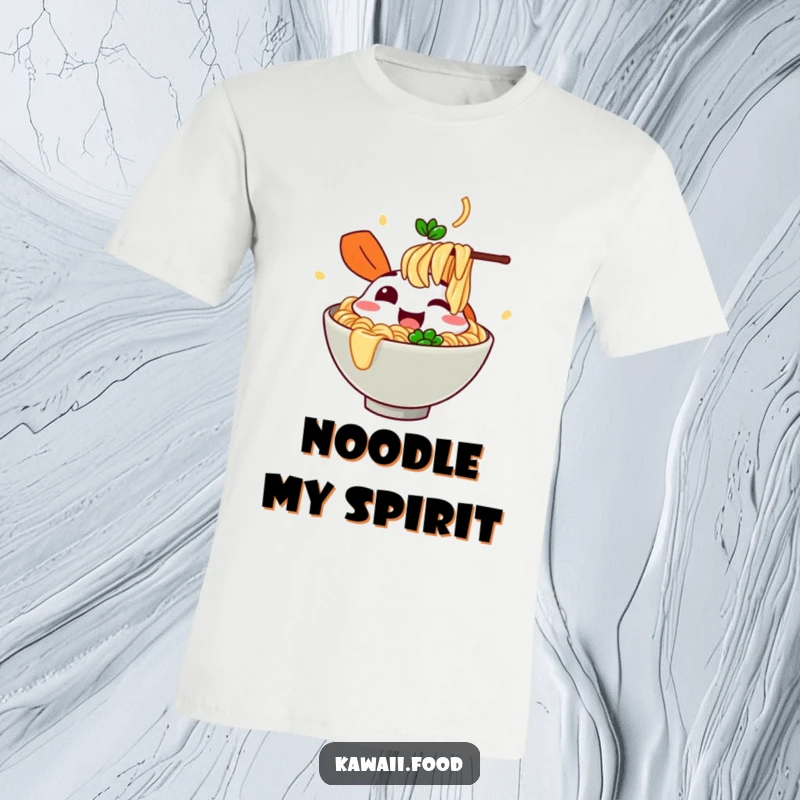 Funny cheerful ramen bowl character slurping imaginary noodles with glee on a t-shirt, depicting enthusiastic and joyful eating.