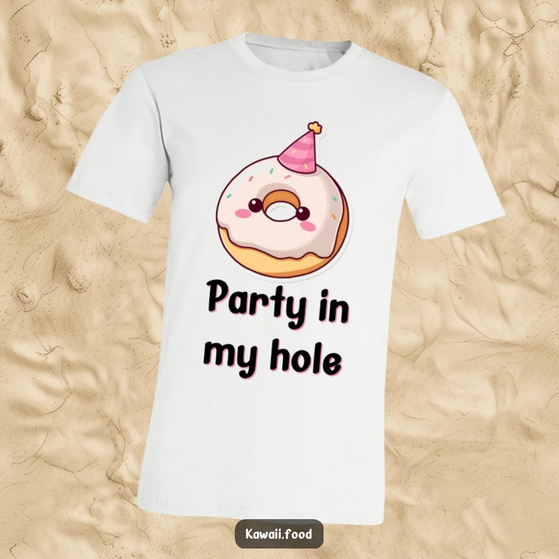 Funny donut character t-shirt wearing a tiny party hat, a playful sweet design for celebrations, ideal funny gift.