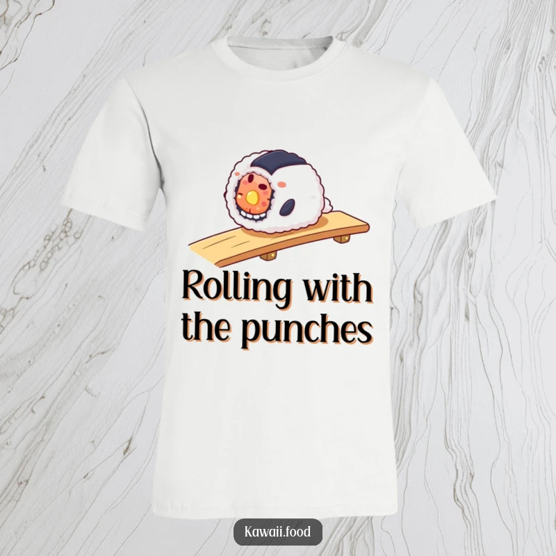 Funny t-shirt showcasing a smiling sushi roll in motion, smoothly descending a ramp with a joyful expression.