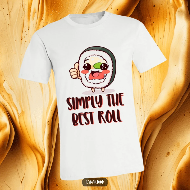 Funny sushi roll character t-shirt giving a proud thumbs up, a bold statement of deliciousness, ideal funny gift.