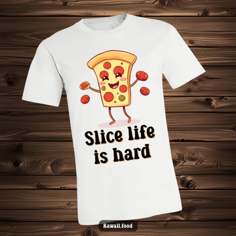 Funny pizza slice with legs comically juggling pepperoni toppings on a t-shirt, a vibrant and humorous design for food enthusiasts.