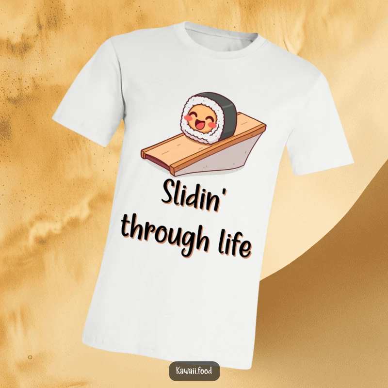 Funny t-shirt depicting a smiling sushi roll in motion, sliding down a ramp with a sense of carefree fun.