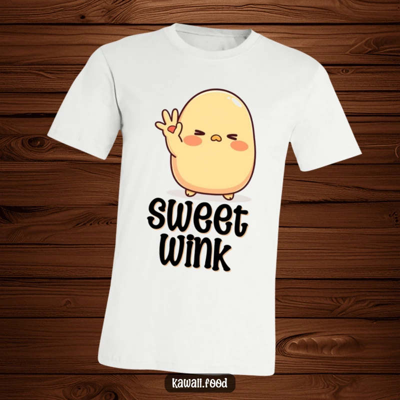 Funny Tamagoyaki Wink T-Shirt: A blushing tamagoyaki character waves shyly with a cute wink, a sweet and subtly humorous apparel choice.