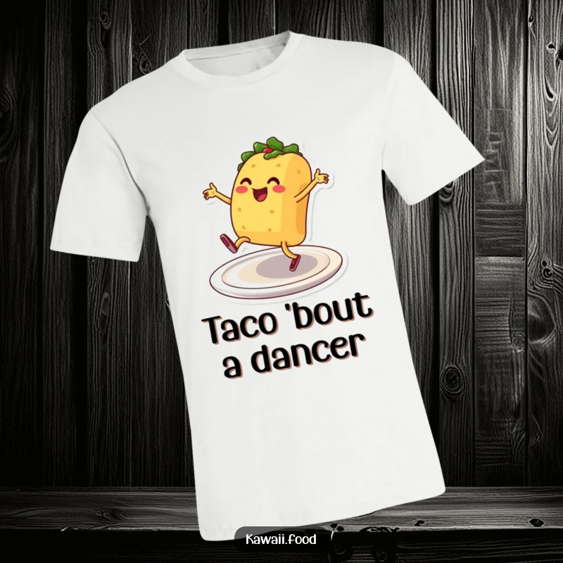 Smiling taco character with legs performing breakdance moves on a plate, printed on a soft t-shirt, perfect for dance lovers.
