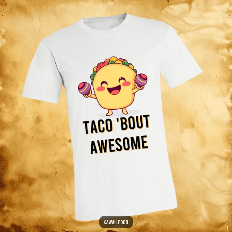 Funny smiling taco character enthusiastically shaking tiny maracas on a t-shirt, depicting energetic and festive movement.