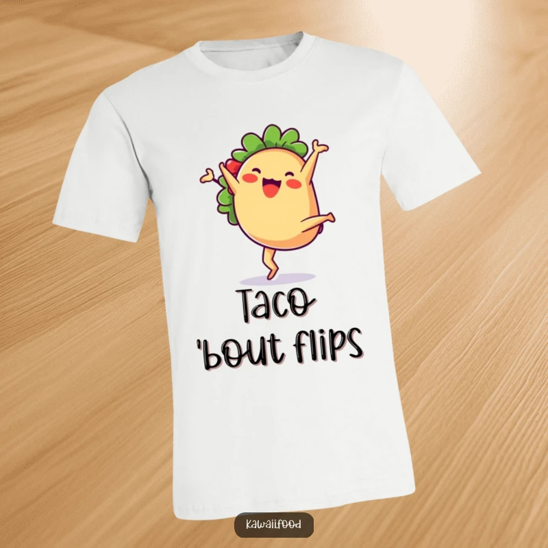 Cute anthropomorphic taco character mid-cartwheel, embodying pure joy and festive spirit on this comfortable tee.