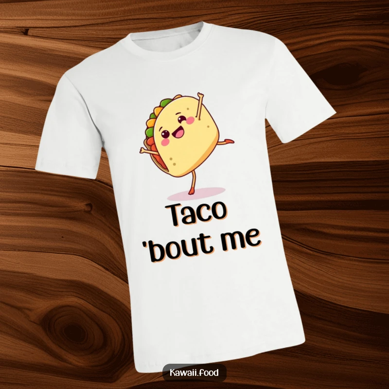 Funny t-shirt with a happy taco character doing a dynamic cartwheel, radiating energy and a love for food.
