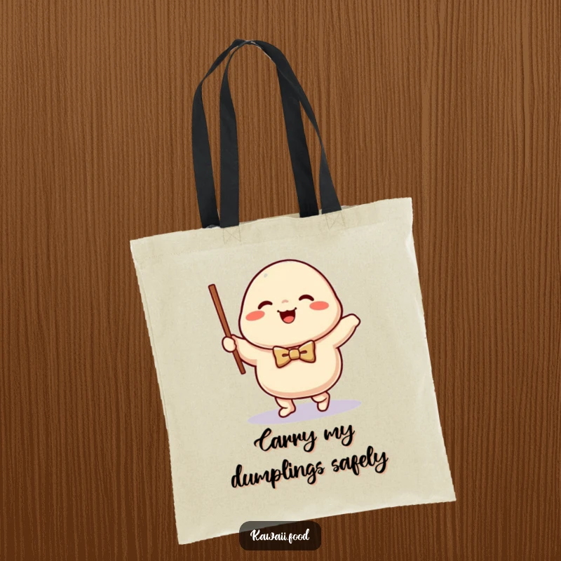 Funny happy dumpling character wearing a bow tie, waltzing with a chopstick on this charming and humorous tote bag.