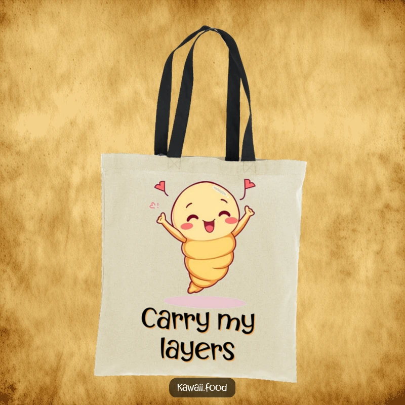 Funny Tote Bag: Illustration of a curious croissant performing a celebratory jump, ideal for carrying groceries or essentials.