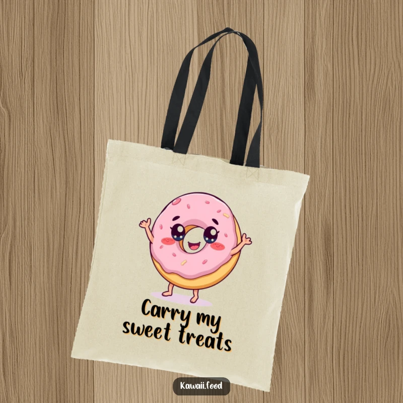 Funny tote bag illustrating a cheerful donut with eyes doing a playful dance, perfect for carrying essentials with sweetness.