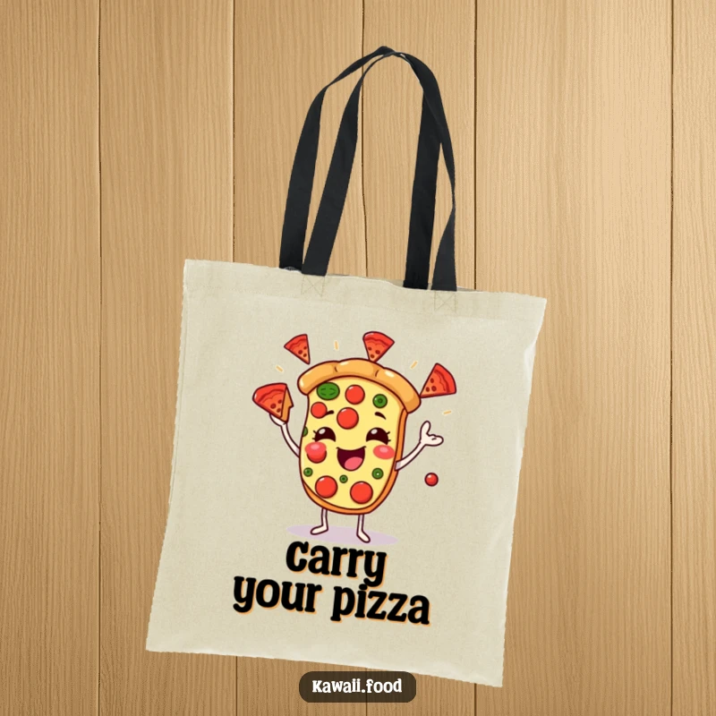 Funny tote bag showing a joyful pizza character juggling pepperoni slices, celebrating the fun and deliciousness of pizza with a practical accessory.