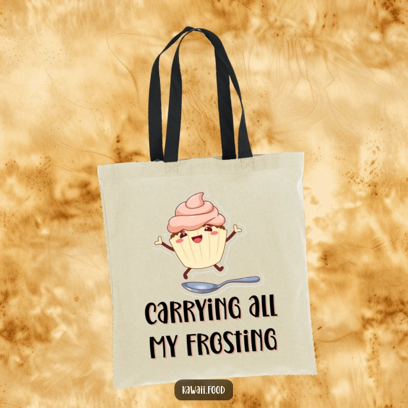 Funny cheerful cupcake with legs leaping over a tiny spoon on a durable tote bag, a sweet and humorous accessory.