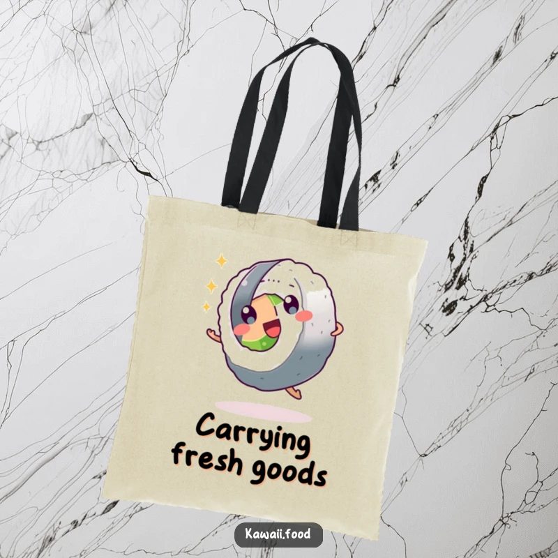 Funny sushi roll character with sparkling eyes doing a cartwheel on a tote bag, perfect for carrying essentials with playful flair.