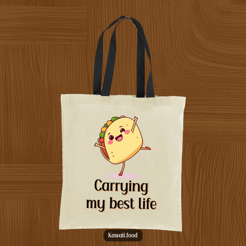 Funny tote bag featuring a happy taco character mid-cartwheel, perfect for carrying groceries with a side of laughter.