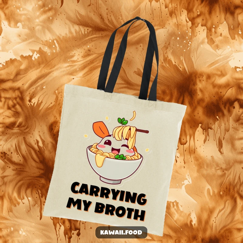 Funny cheerful ramen bowl character slurping imaginary noodles on a tote bag, perfect for carrying items with foodie flair.