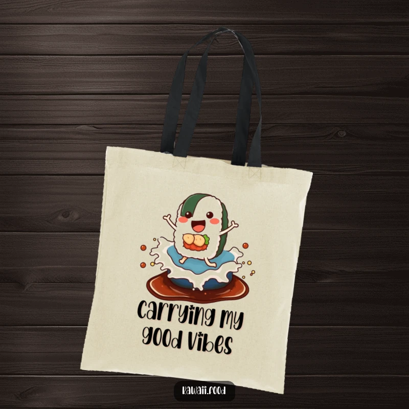 Funny tote bag depicting a delighted sushi roll with legs riding a wave of soy sauce, great for shopping and daily use.