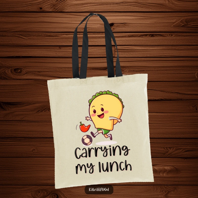 Funny tote bag featuring a smiling taco character gleefully kicking a tiny chili pepper soccer ball, perfect for carrying essentials with flair.