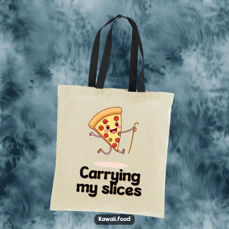 Funny tote bag depicting a pizza slice with legs skipping rope with a spaghetti strand, great for shopping and daily use.