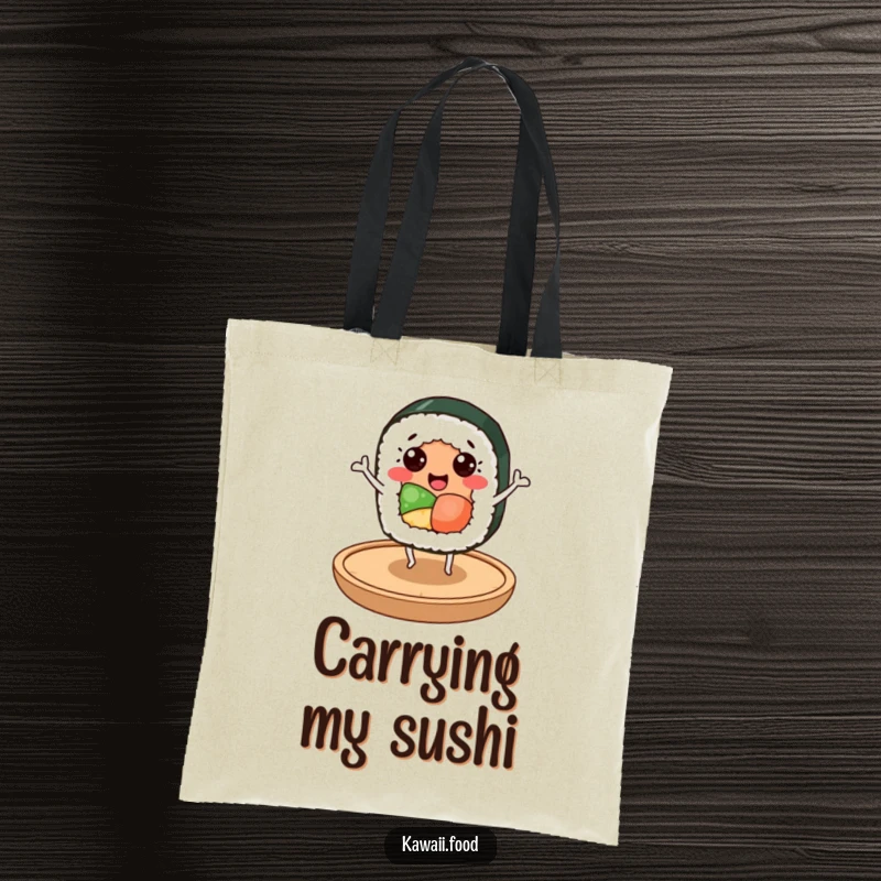 Funny sushi roll character with happy eyes dynamically dancing on a small wooden plate, making this tote bag a humorous accessory.