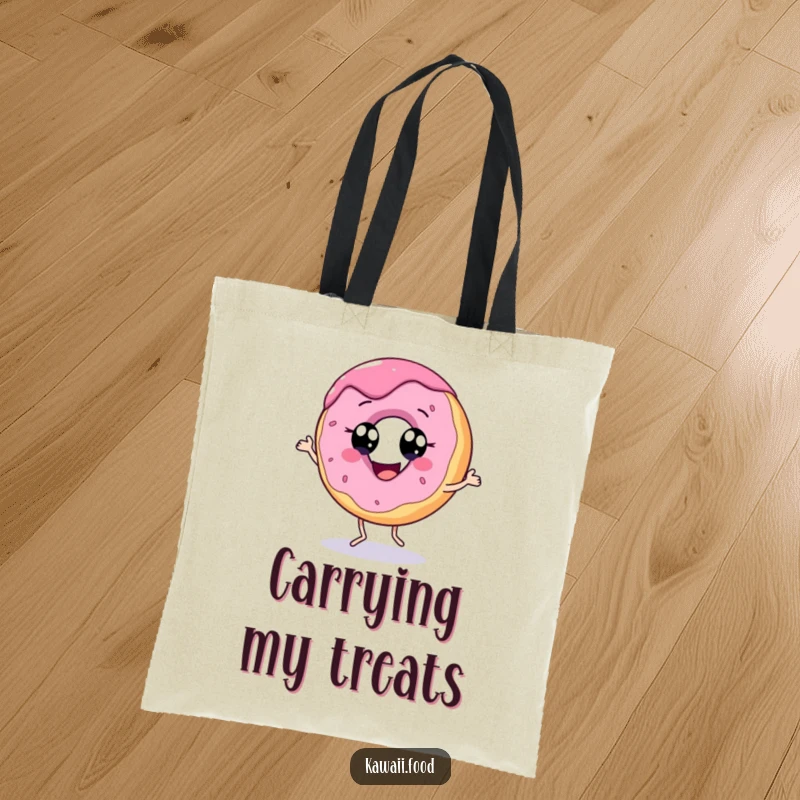 Funny tote bag featuring a cheerful donut with eyes dancing energetically, perfect for carrying essentials with a smile.