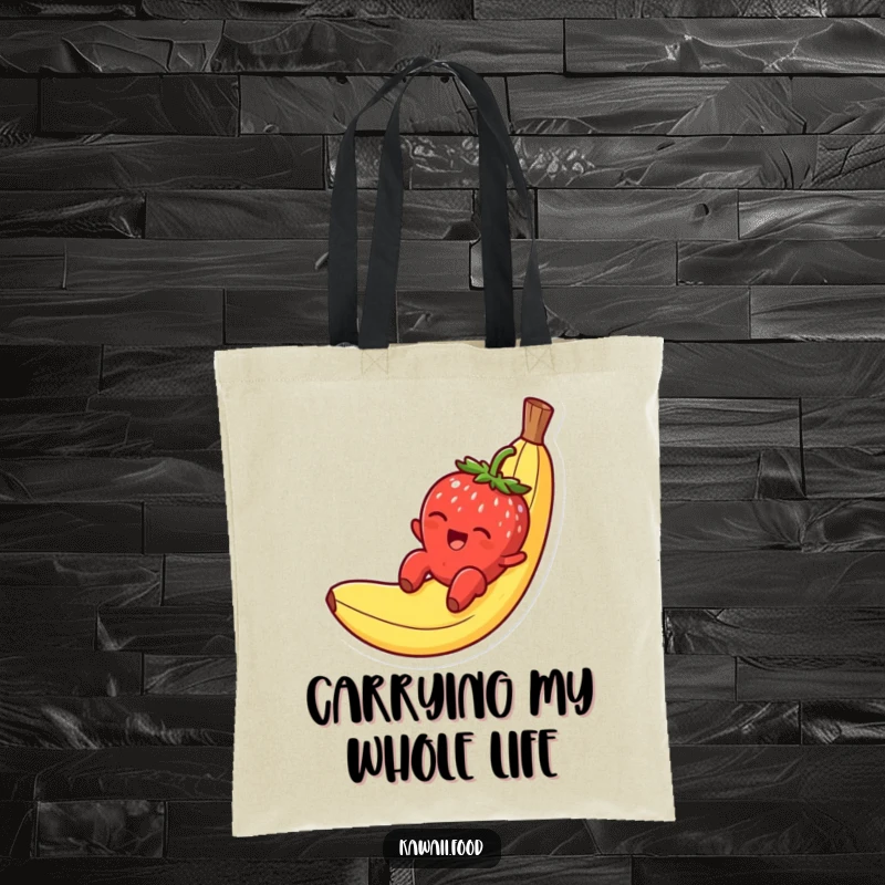 Funny tote bag featuring a smiling strawberry character joyfully sliding down a banana peel, perfect for carrying essentials.