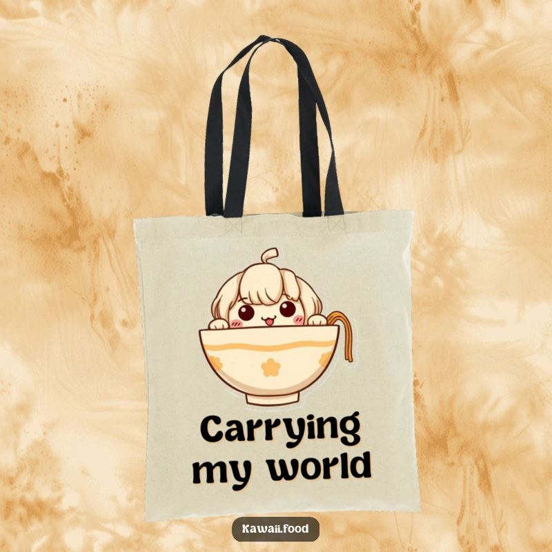 Funny Ramen Tote Bag with a curious ramen bowl character peeking out, showcasing its tiny noodle arms, a practical and amusing accessory.