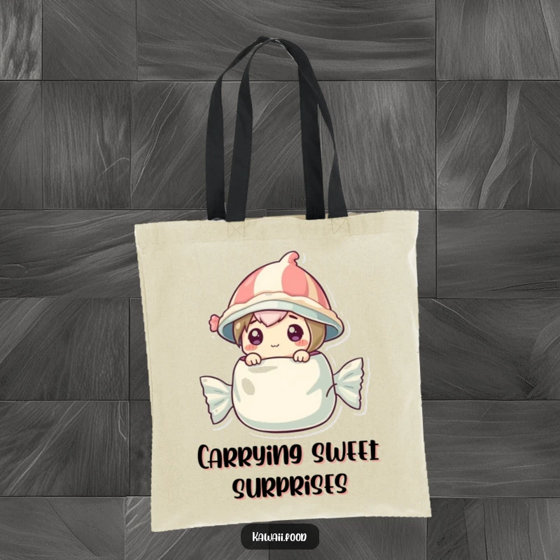 Funny tote bag showcasing a curious candy character wearing a wrapper hat, popping out of a large candy wrapper.