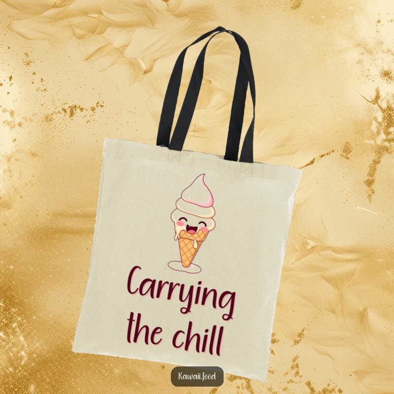 Funny tote bag featuring a giggling ice cream cone melting and reforming, perfect for carrying treats and smiles.