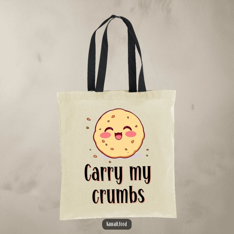 Funny Tote Bag: Cute illustration of a blushing cookie with crumbs scattering excitedly, ideal for shopping and daily use.