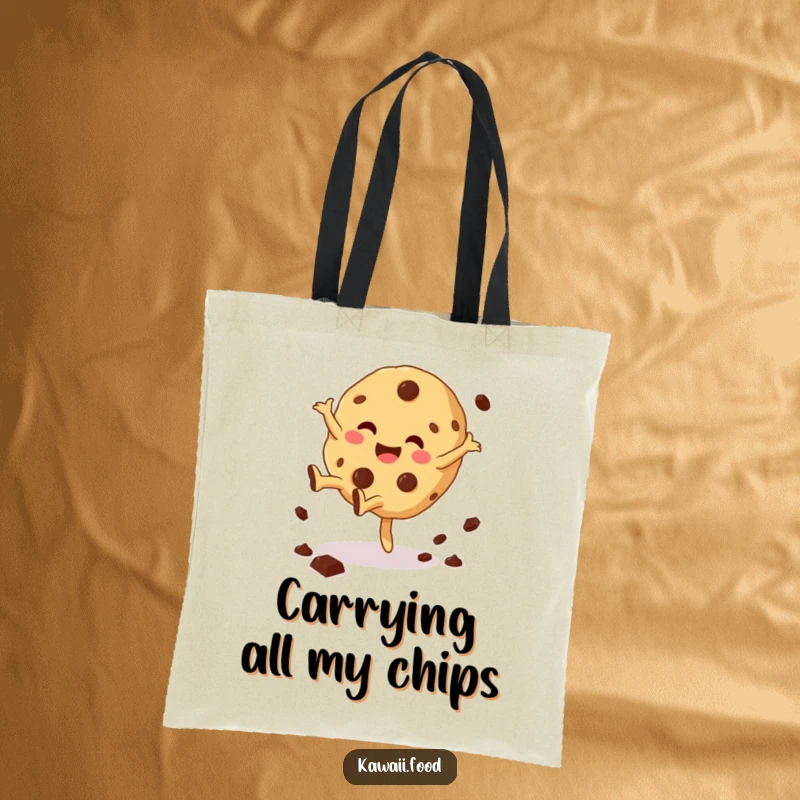 Funny Cookie Cartwheel Tote Bag showing a giggling cookie character doing a cartwheel, scattering chocolate chips, a practical and humorous accessory.