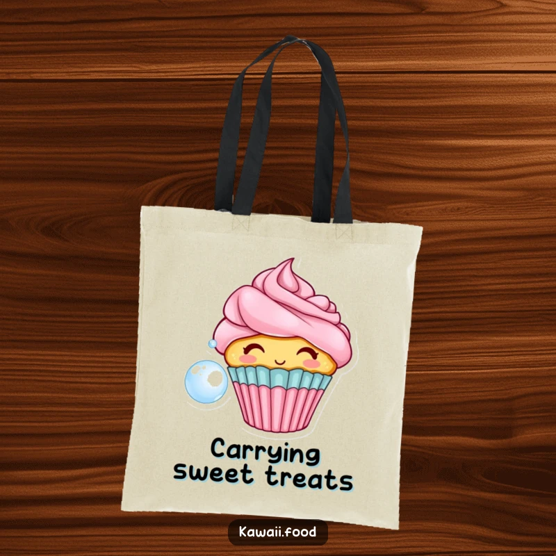 Funny tote bag with a cheerful cupcake character, decorated with frosting hair, blowing a big bubble, ready for sweet adventures.